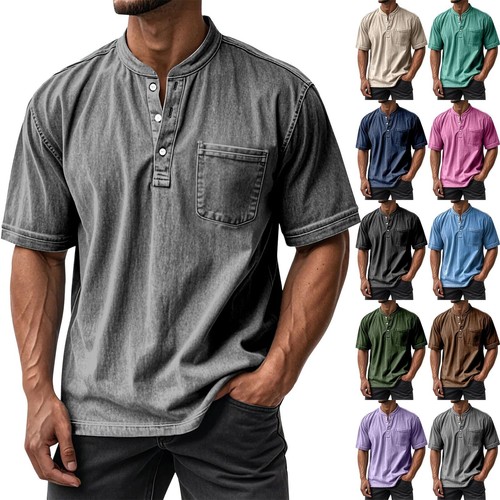 Camiseta de verano lavada de manga corta para hombre con botones Prendas para el torso Cuello redondo Camisetas - Imagen 1 de 54