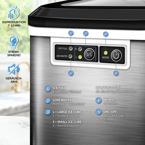 tillvex® Eiswürfelmaschine 2,2L Eiswürfelbereiter Edelstahl Eismaschine Icemaker - Bild 4 von 21