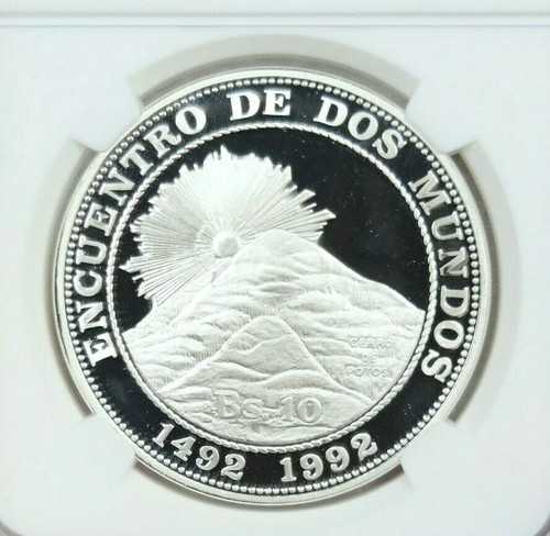 1991 BOLIVIA SILVER 10 BOLIVIANOS OLD AND NEW WORLDS NGC PF 70 ULTRA CAMEO - Picture 3 of 3