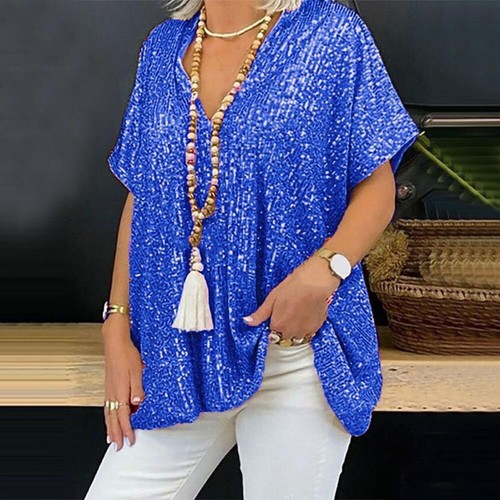 New short sleeved loose fitting pullover sequined V-neck T-shirt top for women - Picture 9 of 20