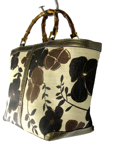 De Colección Liz Claiborne Crazy Horse Bolso de Mano Beige Floral Bambú Estilo Asas Y2K - Imagen 3 de 15