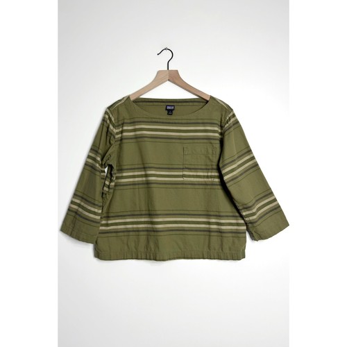 PATAGONIA Catbells 3/4 Sleeve Top Cotton Striped Fatigue Green size Large