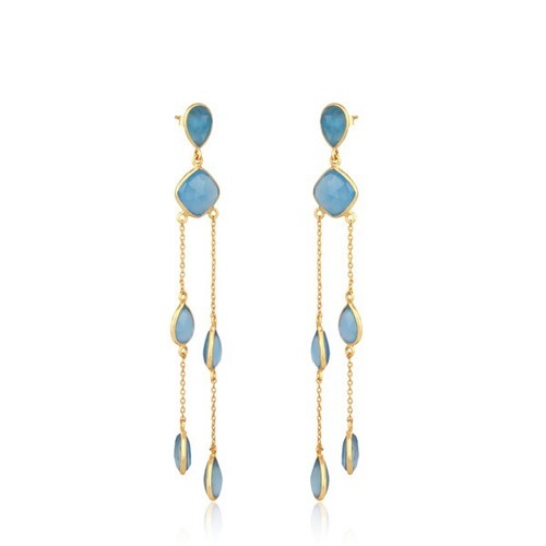 Long Chain Earrings Yellow Gold Plated Blue Chalcedony Gemstone Dangle Earring - Picture 8 of 11