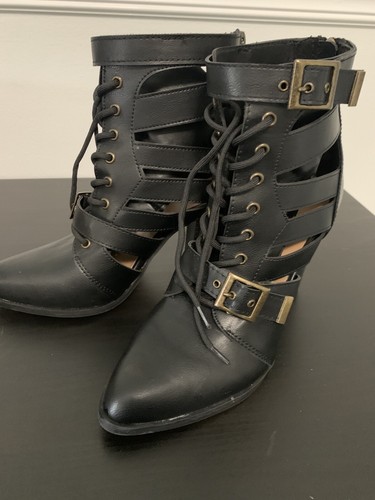 Bamboo Womens Black 4 Inch Block Heel Lace Up Shoes Boots Size 8 Black Zipper - Picture 4 of 8