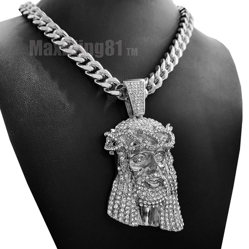 Iced Silver plated Large Jesus Head Cubic Zirconia Pendant Cuban Chain Necklace - 第 18/23 張圖片