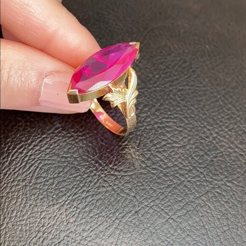 14K Real Yellow Gold Red Marquise Ring S. 8.25 8.5 R267 Garmet January Birthston - Picture 10 of 12