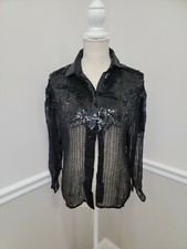 Vintage Silk Sheer Evening Sequins Beaded Top Long Sleeve