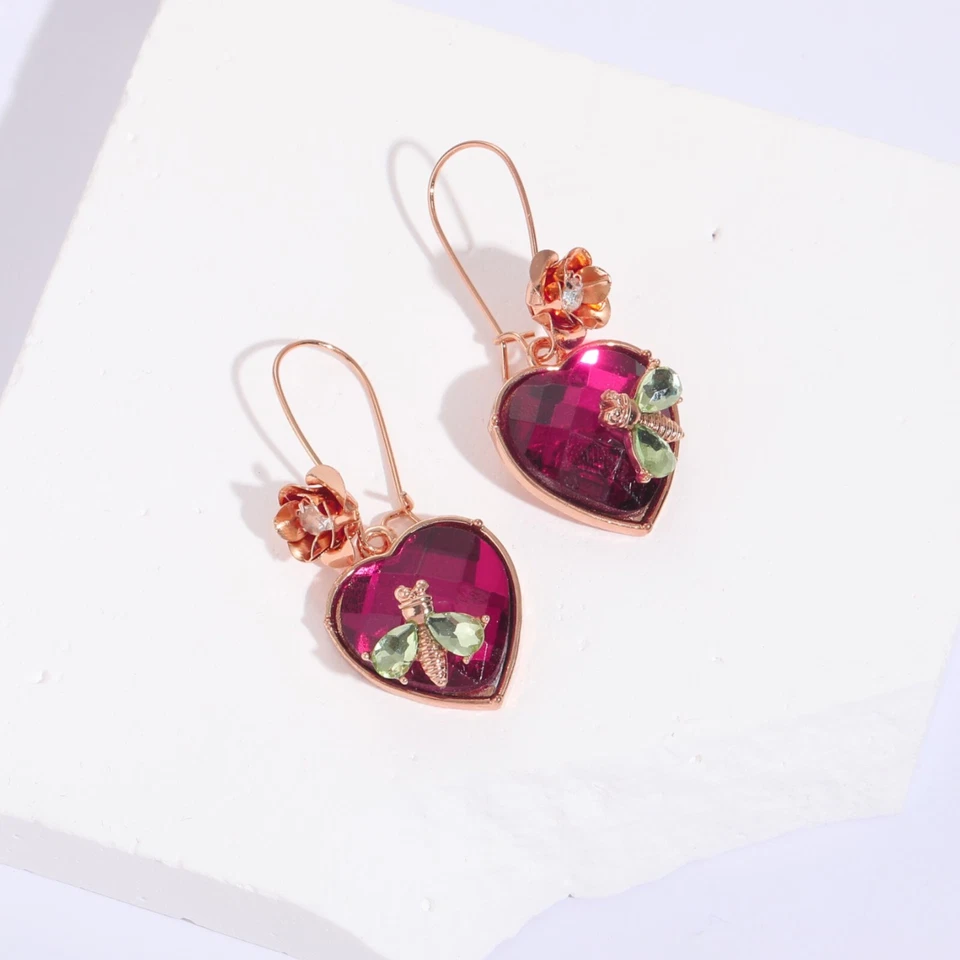 Betsey Johnson Stone Heart Drop Earrings | Purple Red Faceted Stone | - Image 3 of 4