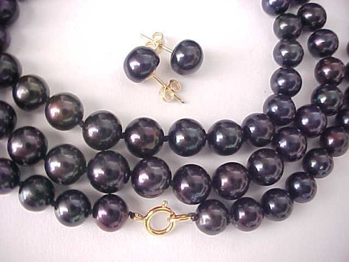 SET OF 7.5MM AAA GENUINE BLACK PEARL NECKLACE, BRACELET & EARRINGS 14K YELLOW G - Picture 3 of 4