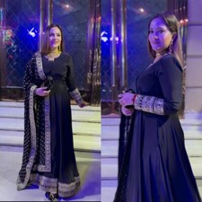Reception Wear Black Natural Crepe Gown With Designer Dupatta For Women  Girls
