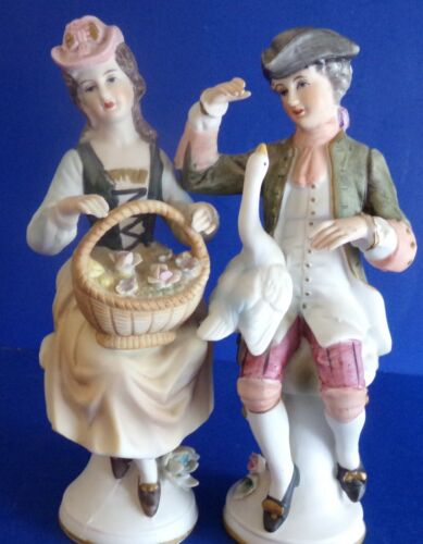 Norleans Japan Figurines Lady with Flower Basket Man with Goose Vintage  - Picture 1 of 12