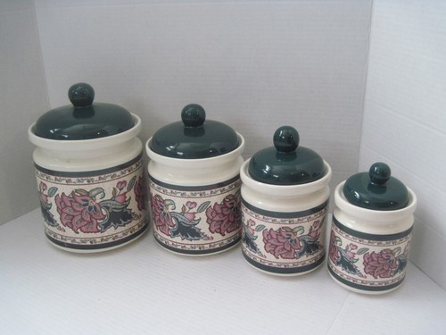 JUEGO DE 4 BOTES DE CERÁMICA DE CERÁMICA PATRÓN FLORAL PAISLEY VERDE PÚRPURA Y AZUL