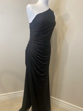 ADRIANNA PAPELL Long Black Formal Dress One shoulder Sequins down side SZ 10