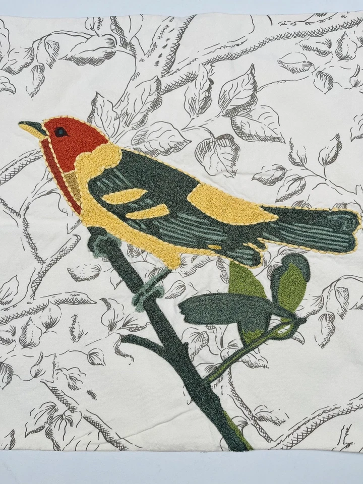 Pottery Barn Pillow Cover Embroidered Bird Applique Botanical Toile Button Throw - Image 2 of 4