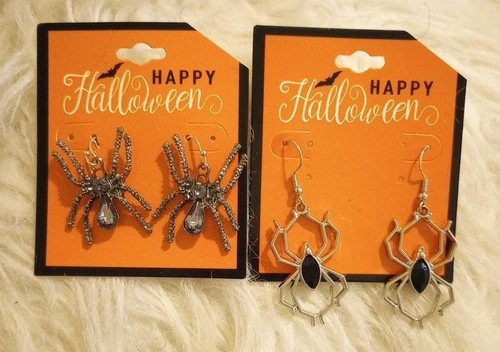 Spinne Ohrringe 2 Paar Halloween Silber Schwarz Strass M-L Ohrhänger Set - Bild 12 von 16
