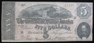 1864 The Confederate States Of America Richmond VA $5 Note Civil War Currency