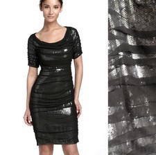 Tadashi Shoji Womens Black Sheer Ruched Silver Sequin Bodycon Dress Sz 6P Petite