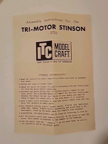 Ideal Toy Company 1957 Tri-Motor Stinson 1/66 Scale Model Kit Vintage - Picture 6 of 11