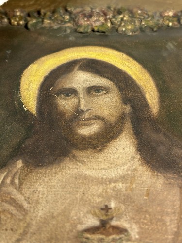 Antico Quadro Sacro Cuore di Gesù su carta/tela disposto su cornice legno dorato - Foto 20 di 24