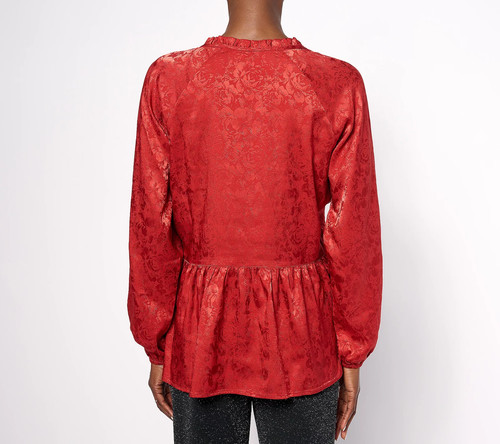 Isaac Mizrahi Live! Stretch Jacquard Bluse gerafft Schößchen Zimt 10 A620685 - Bild 3 von 4