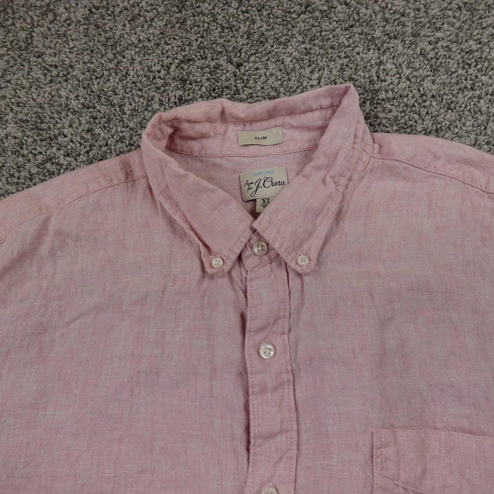 J Crew Shirt Mens XL Pink Red Irish Linen Chambray Short Sleeve Button Up Slim - Image 3 of 4