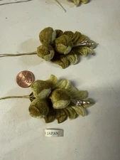 2 Millinery Variegated Moss Green Velvet 3 Bud, Leaf and Pearl  Stems - Vintage