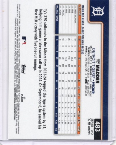 2025 Topps Series 2 - Ty Madden #483 (RC) Detroit Tigers - Picture 2 of 2