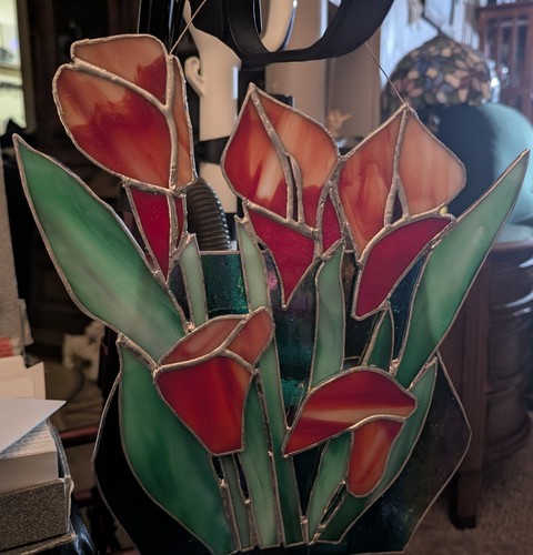 STAINED GLASS POT OF CALLA LILLIES HANDCRAFTED - Picture 3 of 5