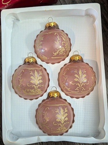 Vintage 12 Victoria Collection Rauch Glas Ornamente Rosa & Gold Glitzer Schablone USA - Bild 7 von 21