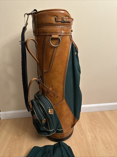 Burton Golf Bag Tan Leather And Green / Rain Cover Strap Brass USA Jasper Nice - Picture 7 of 21