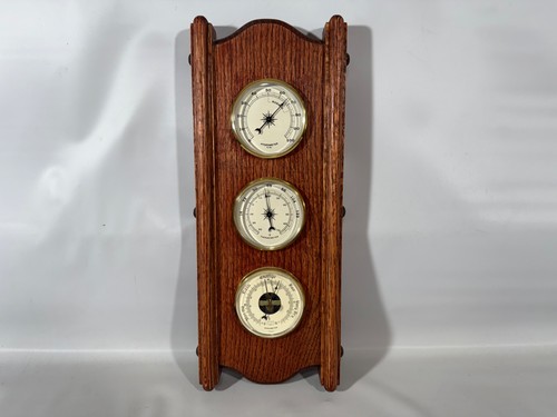 Vintage 3 Gauge Wetterstation Thermometer Barometer Hygrometer massiv Eiche Messing Acc