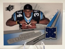 (READ) 2006 SPx DeAngelo Williams #SW-DW Swatch Supremacy Rookie Card (MEM, RC). rookie card picture