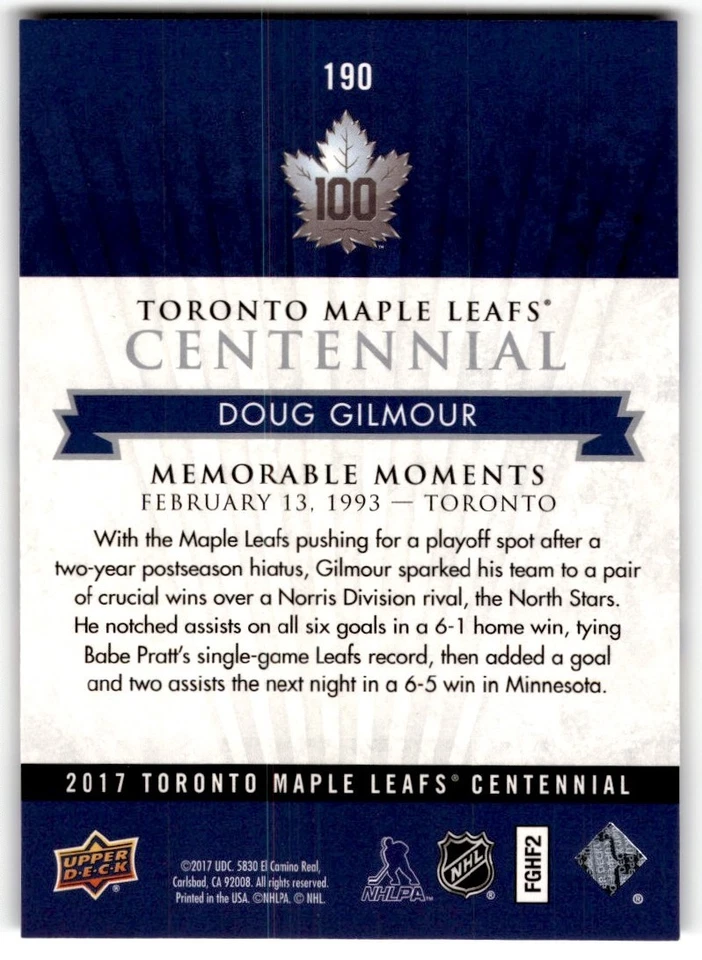 Doug Gilmour 2017-18 Upper Deck Toronto Maple Leafs Centennial SP #190 - Image 2 of 2