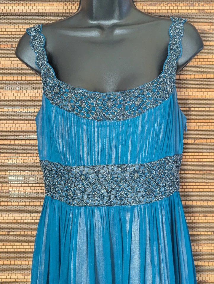 Vestido Adrianna Papell Y2K Talla 6 Azul Pavo Real Seda Cuentas Imperio Griego Regencia Foto 3 de 4