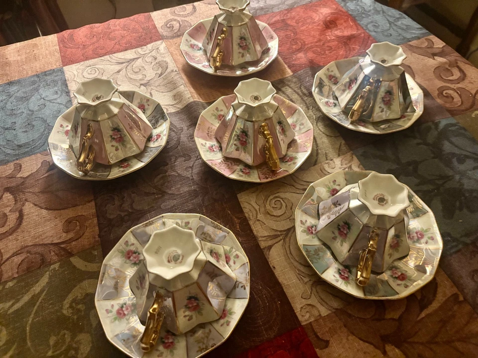 RARE Lefton Tea Set (6 Cups & Saucers) – Early Crown Mark – Reg. U.S. Pat. Off - Image 3 of 4