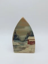 Antique Wooden Hand Iron with Clothes Pin Barn Scene Painted on Signed 4 1/2" T