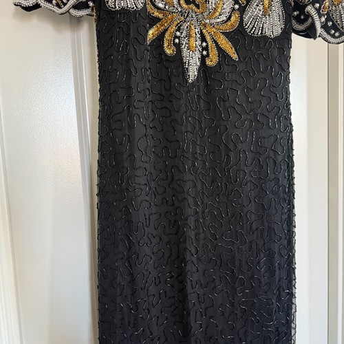 Vintage Laurence Kazar Silk Beaded Sequins Pearl Evening Gown Dress Petite Large - Picture 4 of 22