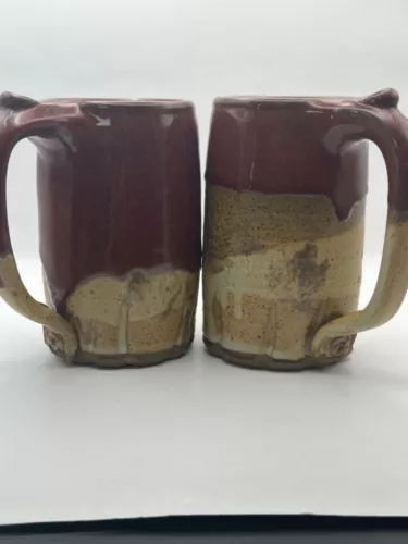 Vintage Signed Coffelt Hand Thrown Studio Art Pottery Mugs Drip Glaze (2) 20 Oz.