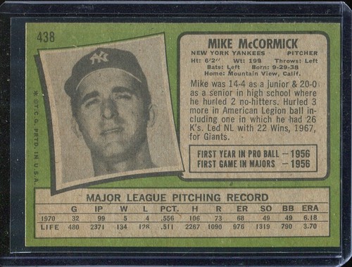1971 Topps Baseball # 438 Mike McCormick (NM) Near Mint - Picture 2 of 2