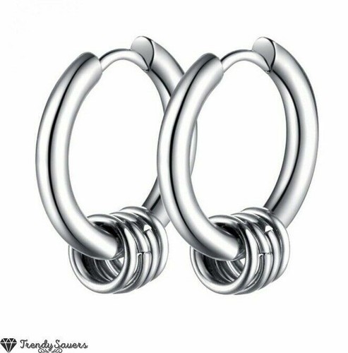 Surgical Stainless Steel Silver Rings Circle Pendant Punk Huggie Hoop Earrings - Picture 20 of 22