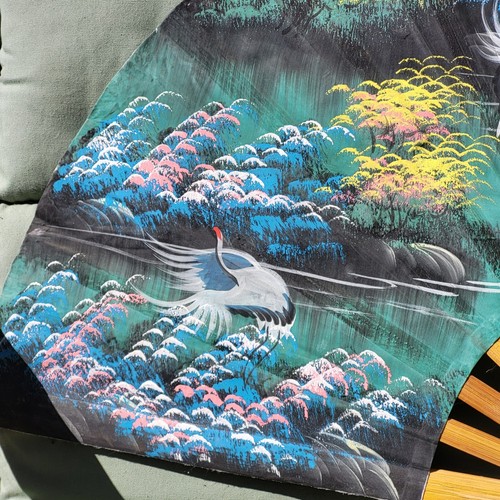 Large Vintage Decorative Bamboo & Paper Wall Hanging Fan Hand Painted 40"x24" - Picture 2 of 11