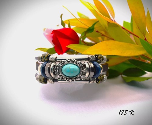 1 Stück Herren/Damen PU Türkis Perlen Leder Armband Edelstahl Schnalle - Bild 3 von 18