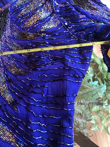 Vintage Carina Women Dress Blue Pure 100% Silk Beaded Sequin Open Back Size M P1 - Picture 13 of 16