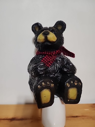 Sitting BLACK Bear Figurine Red Black Tartan Plaid Scarf 10" - Picture 10 of 10