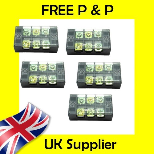 3 Position Dual Row Covered Electric Barrier Screw Terminal Block Strip 600V 15A - Picture 6 of 6