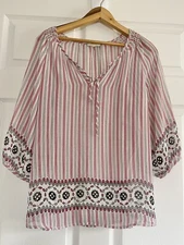 Pleione Blouse Peasant Style Red Gray Sheer Women’s Size Small 3/4 Sleeves