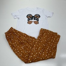 White  Brown Graphic Print Short Sleeve  Pleated Pants Set Girls Size 12 NEW