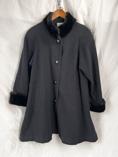 Albert Nipon Vintage Wool Swing Coat Women Small Oversized Long Faux Fur Trim - Picture 24 of 24