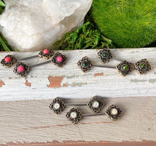 PAIR Opal Glitter Center Tribal Flower Nipple Rings Shield Barbells 14g 14 gauge - Picture 3 of 7