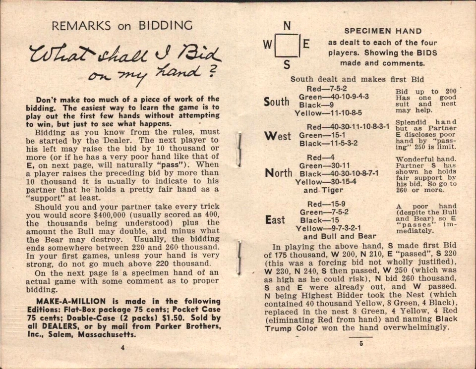 Parker Bros 1935 instrucciones de juego de cartas vintage HAZ UN MILLÓN Manhattan Million Foto 3 de 4